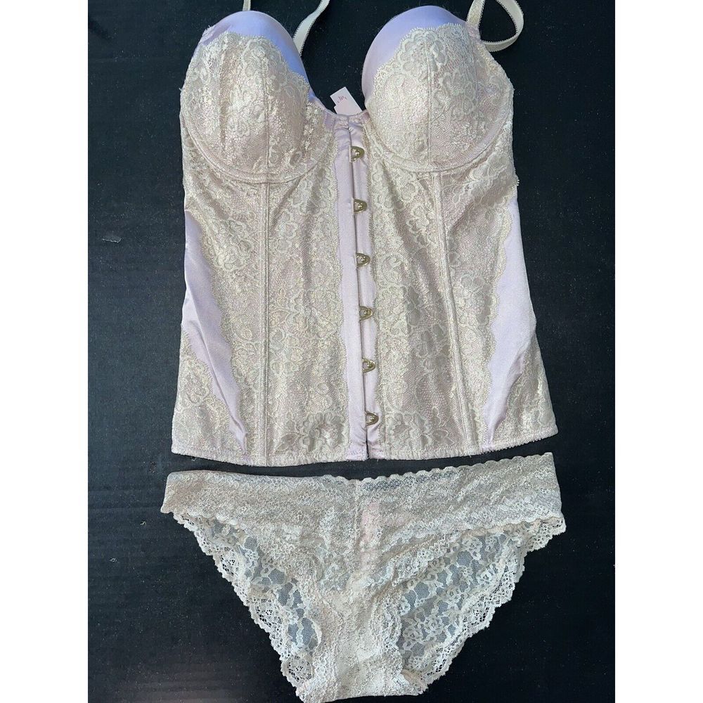 Victoria's Secret 34B GARTER CORSET M thong BLACK SILVER GRAY BOW DREAM ANGELS